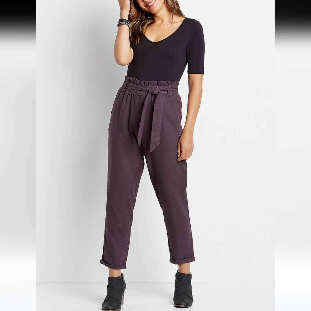 NWT Mauricea High Rise Linen Paperbag Waist Ankle Pant Women's XL Purple Retro